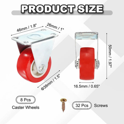 1.5 Inch Red Swivel Caster Wheels Set, 8 Pack PVC Plate Casters With 66 Lb Capacity Each, dimensions and screws shown