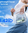 Mint Green Portable Handheld Turbo Fan That Delivers 12 Meters Per Second Wind in a clear bag, highlighting its mini size.