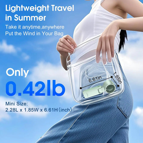 Mint Green Portable Handheld Turbo Fan That Delivers 12 Meters Per Second Wind in a clear bag, highlighting its mini size.