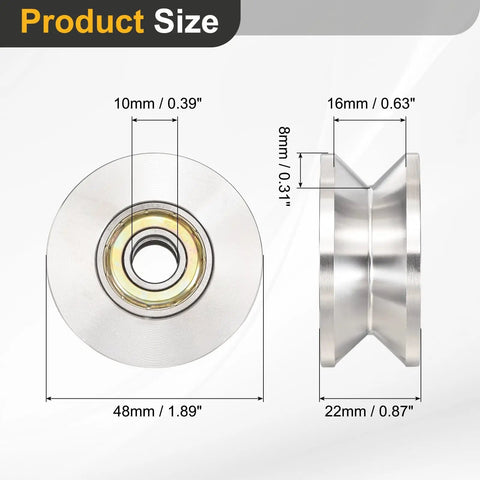 Built Tough V Groove Pulley Wheel Featuring Smooth Zero Friction Glide Crafted From Durable 201 Stainless Steel For Badass Wear Resistance And Straight Up Reliability On Any Indoor Or Outdoor Rig At 10X48X8MM dimensions shown on both sides.