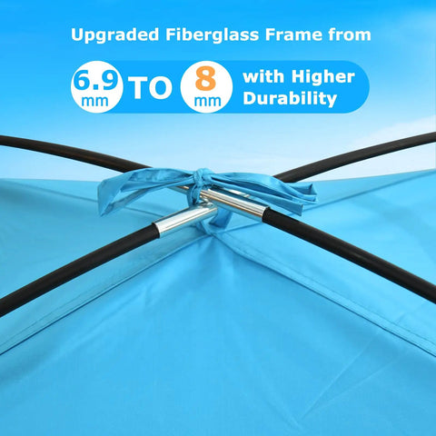Close-up of fiberglass frame upgrade for Beach Tent Sun Shade For Large Groups Up To Ten People UPF 50 Plus Easy Pop Up Canopy Shelter