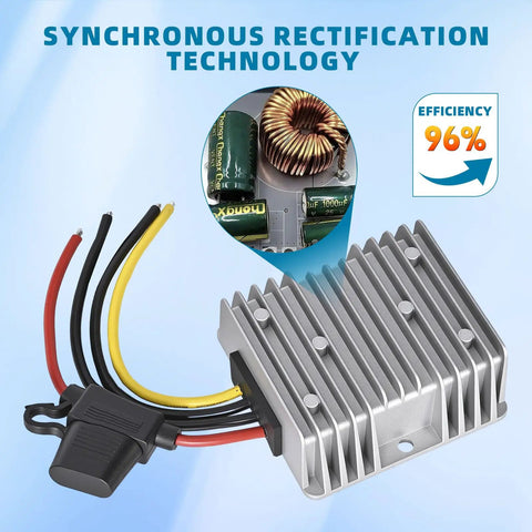 Premium DC DC Step Down Converter Boasts 20 Amp 240 Watt muscle with wires, aluminum housing, and synchronous rectification technology.