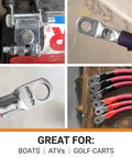 Beefy Heavy Duty Battery Cable Ends Kit With Ten Ring Terminal Connectors For Two Zero AWG And Three Eighth Inch Stud Plus Twelve Black And Red Heat Shrink Tubing With Adhesive For Marine And Automotive Wiring OEM Approved