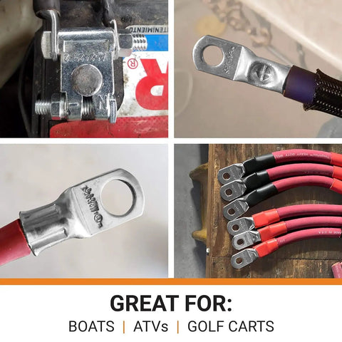 Beefy Heavy Duty Battery Cable Ends Kit With Ten Ring Terminal Connectors For Two Zero AWG And Three Eighth Inch Stud Plus Twelve Black And Red Heat Shrink Tubing With Adhesive For Marine And Automotive Wiring OEM Approved