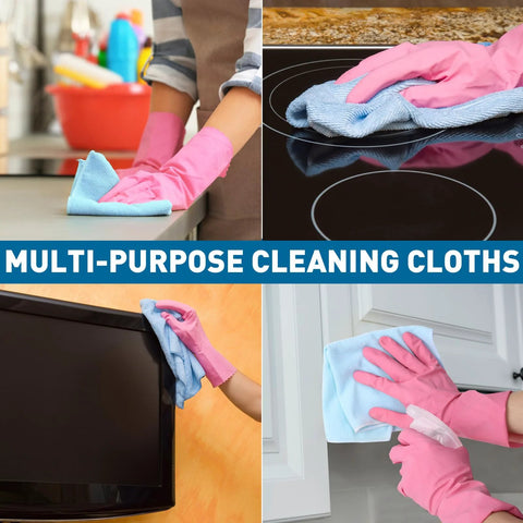 TEAWOO microfiber cleaning cloths, 12x12 inches, assorted colors, for counters, stovetops, ovens, and cabinets.
