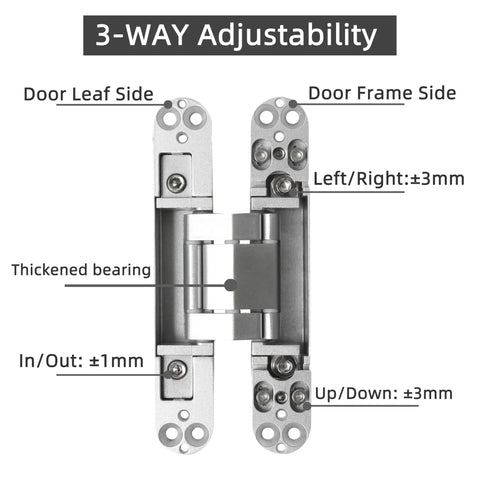 Heavy Duty Hidden Door Hinges Silver 4 Pack 6 Inch Concealed cabinet hardware showing 3-way adjustability details.