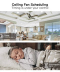 Smart Ceiling Fan Control 2 Pack Four Speed Wall Switch For Ceiling Fans Neutral Wire Required Works With Alexa And Google Assistant Bluetooth Setup Schedule No Hub Needed showing ceiling fan in living room and child sleeping with timing icons