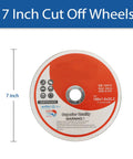 Beefed Up 7 Inch Cut Off Wheels For Metal And Stainless Steel Cutting Discs For Angle Grinders, showing size and certification details.