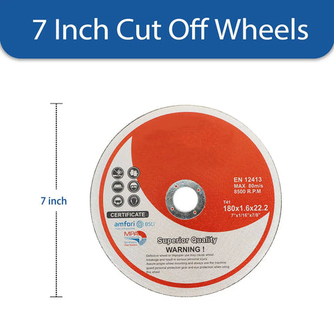 Beefed Up 7 Inch Cut Off Wheels For Metal And Stainless Steel Cutting Discs For Angle Grinders, showing size and certification details.