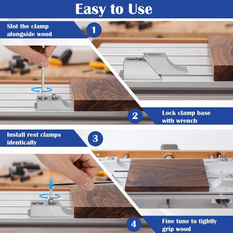 4 Piece CNC Low Profile Side Clamps Set for Milling and Engraving Machines, Beefed-Up Aluminum Lateral Edge Vise Set, Heavy-Duty 60kN Workholding Fixture for T-Slot and Perforated Tables, 3.14 by 1.14 Inch, side clamp installation on wood