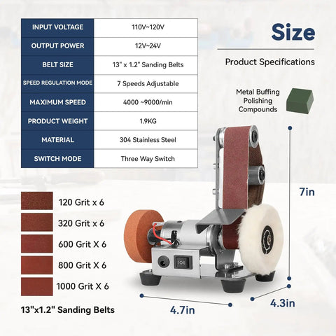 Robust Mini Belt Sander And Electric Grinder With 7 Adjustable Speeds Heavy Duty Bench Grinder For Knife Sharpening Metal Woodworking Diy Gear Kickass Anti Vibration Base measuring 7 inches tall and 4.3 inches wide.