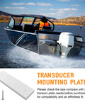 Marine Grade Transducer Mounting Plate Kit For Boats 0.8 Inch Thick White Transom Mounting Block With UV Resistant Build No Frills Easy Install Predrilled Holes Stainless Steel Screws Included Boat Transducer Mounting Board next to a boat on water and product instructions.