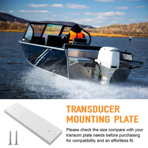Marine Grade Transducer Mounting Plate Kit For Boats 0.8 Inch Thick White Transom Mounting Block With UV Resistant Build No Frills Easy Install Predrilled Holes Stainless Steel Screws Included Boat Transducer Mounting Board next to a boat on water and product instructions.