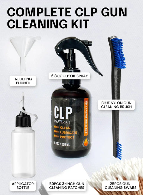 All In One Gun Cleaning Kit That Cleans Lubes And Protects All Moving Parts With A 6.8 Oz Sprayer Gun Cleaner and accessories.