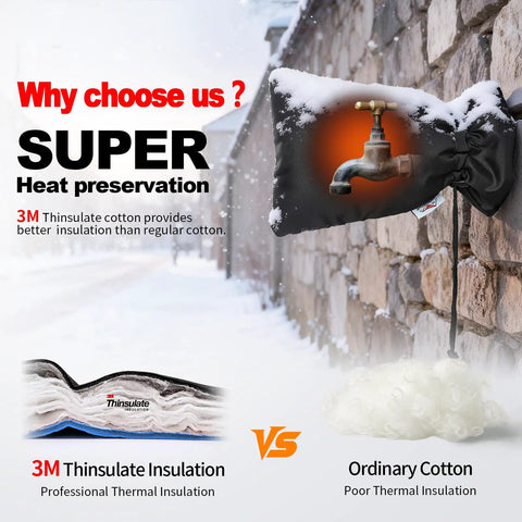 Rugged Heavy Duty Outdoor Faucet Covers Designed To Fend Off Bitter Winter Freezes While Keeping Your Exterior Piping Safe With Top Grade Insulation Hose Bib Sleeves Wall Tap Protectors Waterproof Two Pack Black with 3M Thinsulate insulation.