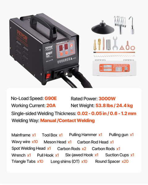 90E Stud Welder Dent Repair Kit, 110V Spot Welder, Slide Hammer Dent Puller, tool details and specifications displayed