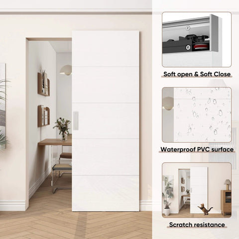 Concealed Sliding Barn Door With Soft Close Hardware Kit White Flush Hidden Door installed in hallway