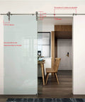 Heavy Duty Stainless Steel Glass Sliding Barn Door Hardware Kit For 8 Foot Doors With Brushed Finish showing installed setup