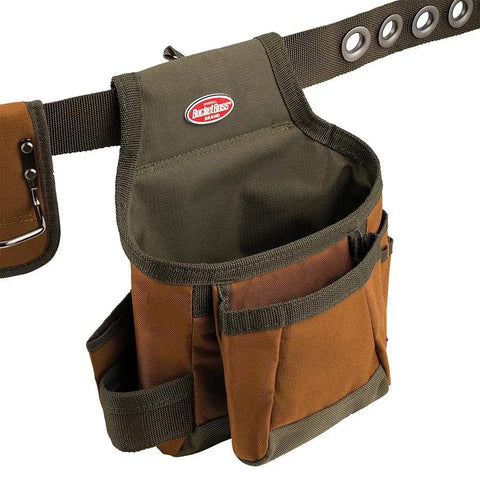 Two Bag Brown Tool Belt With Reinforced Pouch Bottoms, Barrel-Style Pouches, Infinity Belt Fits Up To 52 Inch Waist, Single Body Construction
