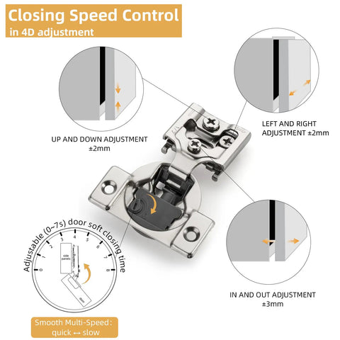 Killer Quality Soft Close Cabinet Hinges Two Pack 3/8 Inch Face Frame Overlay 4D Adjustable Silent Closing with speed control detail.