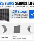 Durable solar panel comparison with 25 years service life, sturdy aluminum frame, low-iron tempered glass, and all-weather panel.