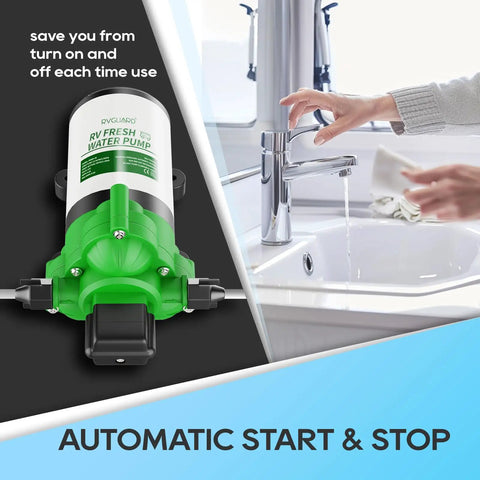 12V DC Self Priming Water Pump With 3.5 GPM Flow And 45 PSI Pressure Green Plastic Diaphragm Pump with strainer next to faucet