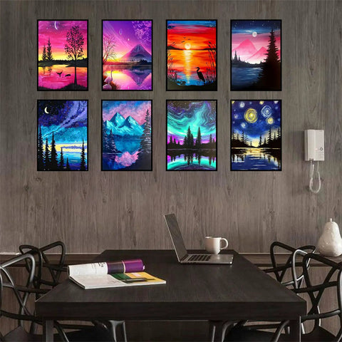 8 framed artworks from 12 Pack Diamond Painting Kits for Adults 5D Diamond Art Paint By Number for Beginners displayed on wall.