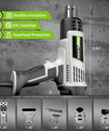 Hot Air Gun With Adjustable Temperature From 122F To 1202F For Vinyl Wrap Shrink Tubing Resin And More, side view, attachments shown.