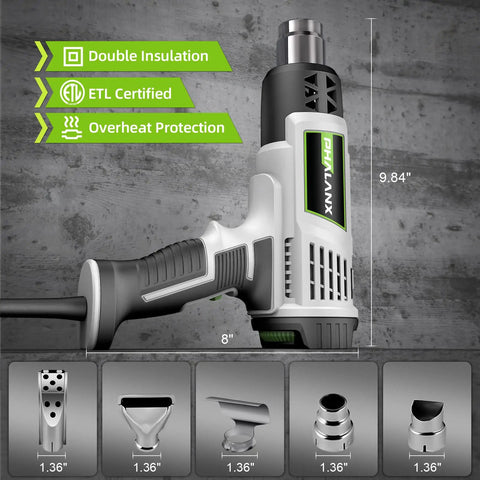 Hot Air Gun With Adjustable Temperature From 122F To 1202F For Vinyl Wrap Shrink Tubing Resin And More, side view, attachments shown.