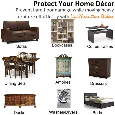 Furniture including sofas and tables with text about protection using 4 Inch Square Felt Sliders For Hard Floors, Heavy Duty Reusable Furniture Movers.