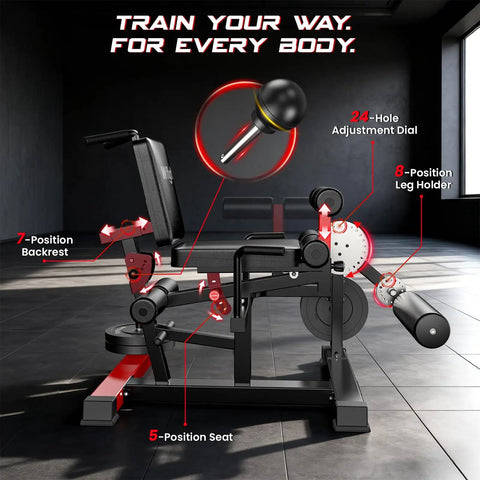 Heavy Duty Leg Extension And Curl Machine Featuring Instant Pull Pin Adjustments For Seamless Mode Swaps, showing detailed settings and adjustments.