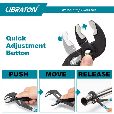 CR-V Steel Plumbing Pliers Set With Groove Joint And V-Jaw Tongue And Groove Pliers, Pipe Grips, quick adjustment button demo