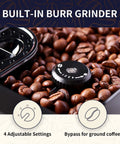 Close-up of built-in burr grinder with adjustable settings in Super Automatic Espresso Maker Bean To Cup Coffee Machine One Touch Milk Frother Single Button Brew Eleven Custom Drinks Legit Top Shelf Smooth Operator Silver Edition For Home Office.