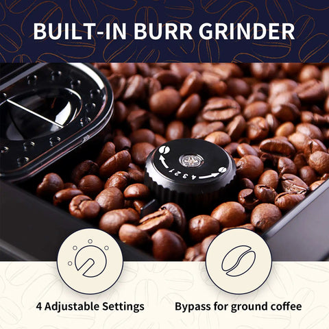 Close-up of built-in burr grinder with adjustable settings in Super Automatic Espresso Maker Bean To Cup Coffee Machine One Touch Milk Frother Single Button Brew Eleven Custom Drinks Legit Top Shelf Smooth Operator Silver Edition For Home Office.
