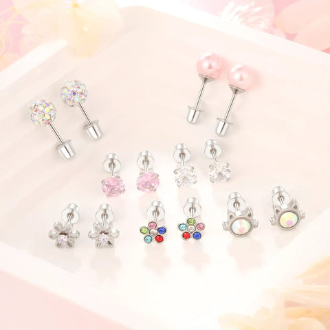 Hypoallergenic Surgical Steel Screw Back Earrings For Women Small Flat Back Studs That Stay Put All Day Durable Comfortable Minimalist Jewelry With Secure Screw Back Design And Skin Friendly Material For Sensitive Ears, pink and crystal studs