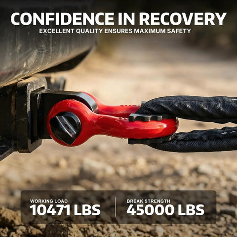 Beefed Up Heavy Duty D Ring Shackle Three Quarters Inch For Jeep And Truck Towing And Off Road Recovery, Drop Forged Steel, 45,000 Lb Breaking Strength, 4.75 Ton Tow Capacity, Screw Pin, Built For Trail Recovery And Heavy Duty Pulls, red D-ring shackle attached to recovery strap