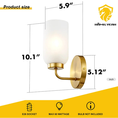 Gold Brushed Brass Wall Sconce Set of 2, Dope Modern Industrial Hardwired Lighting with Frosted Glass Shades for Living Room and Powder Room, UL Listed, 2 Light Wall Lamps, showing dimensions and features.