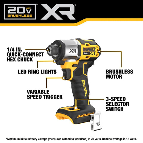 20V Max XR Brushless Impact Driver with One Quarter Inch Hex, 3 Speed, LED Work Light, Cordless Tool, Front View