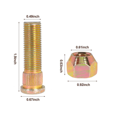 Wheel Stud Replacement Kit 8 Pack For Lazer Z AC AS CT HP LC XP XS Turf Tracer DS S X Z Series Lawn Mower Models 1-633926 1-613150 E633926 242-50 Compatible, showing a wheel stud and nut with measurements