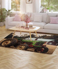Vintage Tractor Photo Farm Area Rug For Living Room Non Slip Furry Carpet Indoor Cozy Underfoot Machine Washable Rug Entryway Floor Carpet Large Coral Velvet Mat For Bedroom Dining Room in a living room setting.