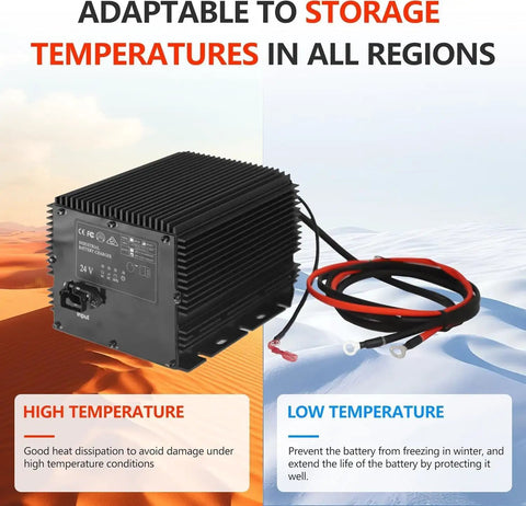 Heavy Duty Built Like A Tank 24V 25A Scissor Lift Battery Charger with temperature adaptability and durable design.