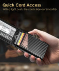 Hand holding Slim RFID Blocking Wallet For Men With Pop Up Card Holder, Metal Shell, Cash Slot, Carbon Fiber Finish