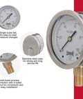 Industrial liquid filled pressure gauge with 2.5-inch dial, brass internals, stainless steel case, showing 0-100 psi for accurate measurements.
