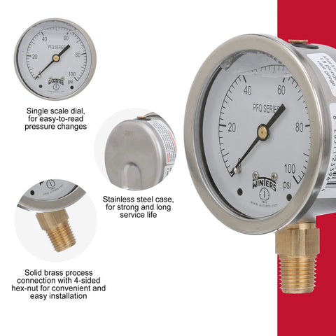 Industrial liquid filled pressure gauge with 2.5-inch dial, brass internals, stainless steel case, showing 0-100 psi for accurate measurements.