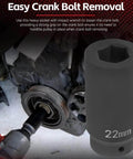 Image of 22mm Harmonic Balancer Socket Tool With Deep Counterweighted Design in use on a crank bolt with an impact wrench.
