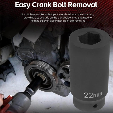 Image of 22mm Harmonic Balancer Socket Tool With Deep Counterweighted Design in use on a crank bolt with an impact wrench.