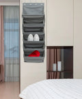 Straight Up Game Changer Over The Door Shoe Rack With Six Roomy Pockets To Keep Your Entryway Sleek Features heavy duty steel clips and weather proof fabric, gray with sneakers and shoes.