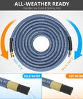 NAVOHEVEN 3/8 in ID pressure washer hose, 100 ft, blue steel-braided with brass fittings; cold/hot water (front view)