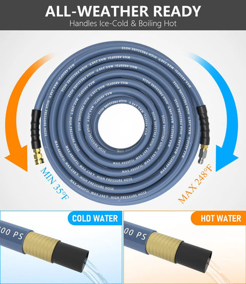 NAVOHEVEN 3/8 in ID pressure washer hose, 100 ft, blue steel-braided with brass fittings; cold/hot water (front view)