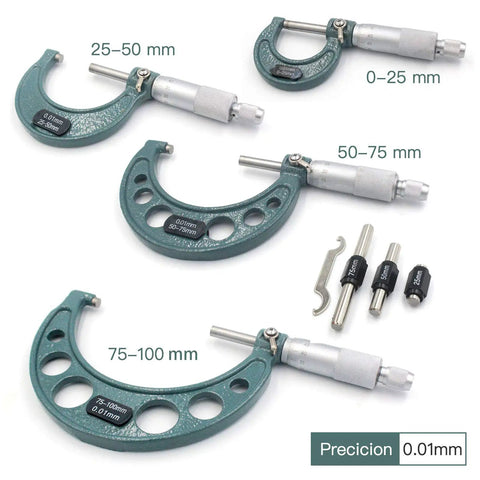 Four Piece Outside Micrometer Set 0 To 100mm With 0.01mm Graduation Carbide Tips Hardened Spindle And Easy Readouts For Quick Accurate Machinist Measurements
